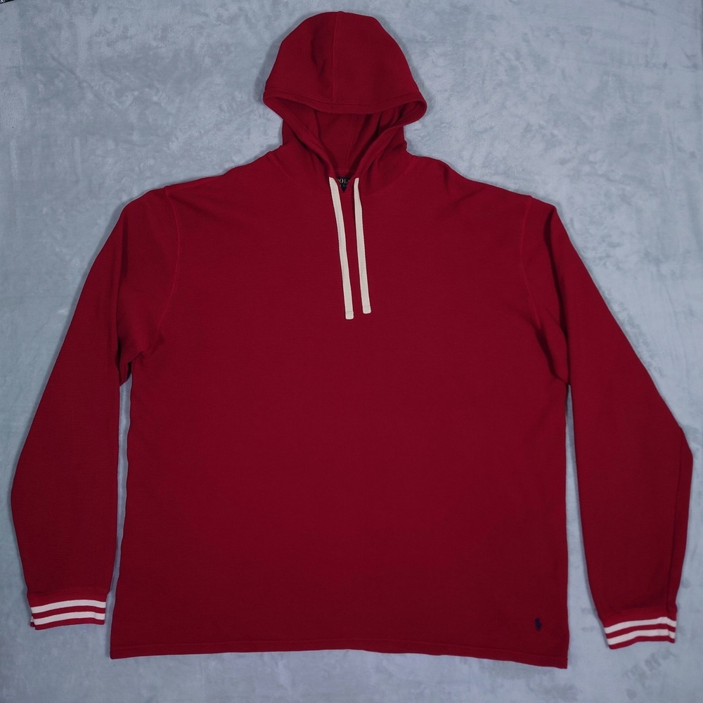 Polo Ralph Lauren Waffle Knit Hoodie Mens 2XL Red Pullover Striped Cuffs Pony